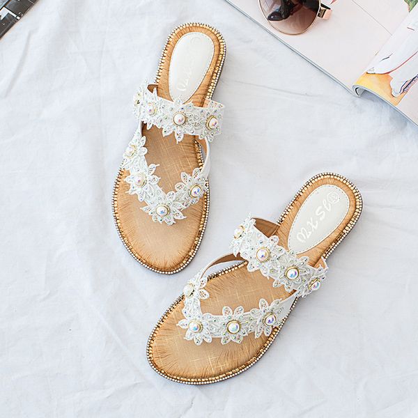 

allmatch floral fashion women slipper low flip flops pearl wedge flower summer casual flat outdoor tpr slides wedges plus size, Black