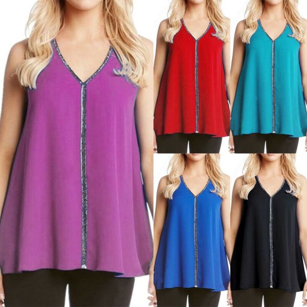 

women's sequin v-neck vest sleeveless loose cami casual tank blouse t-shirt, White