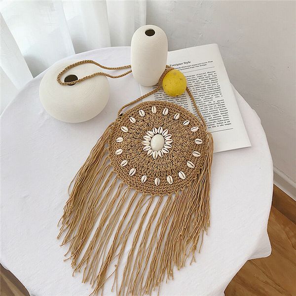 

ladies bohemia style tassel straw woven crossbody bag women fashion rattan knitted summer beach holiday circle shoulder handbag