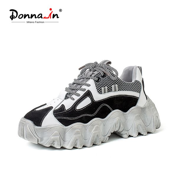 

donna-in flat platform shoes women sneakers 2020 spring summer real leather mixed colors fashion trend tennis shoes thick sole, Black