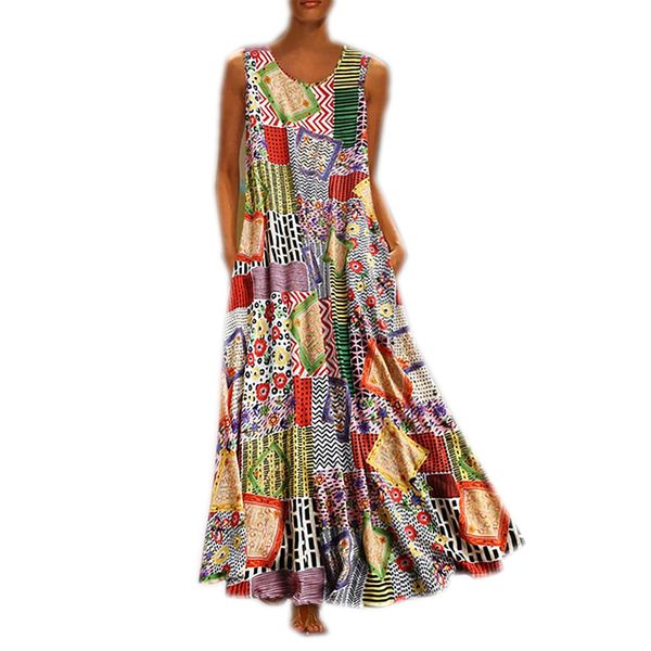 

women loose maxi dress round neck floral pockets plus size female dresses casual patchwork loose holiday vestidos, Black;gray