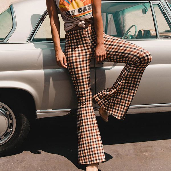 

women's plaid printed flare pants 2020 spring fashion checked printing long trouser women stretch skinny full flared pant female, Black;white