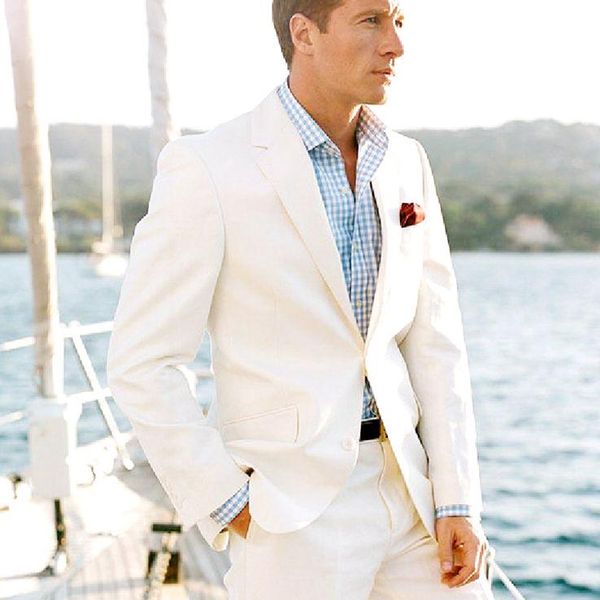 Weiße Herren Beach Hochzeitstups Tuxedos One Button Bräutigam Wege Blazer Jacken 2 Teile formelle Abschlussballhosen Anzüge
