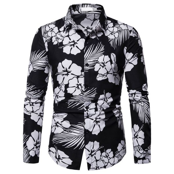 

feitong floral shirt men fashion casual summer printed button long sleeve slim fit shirt top blouse men chemise homme 2019, White;black