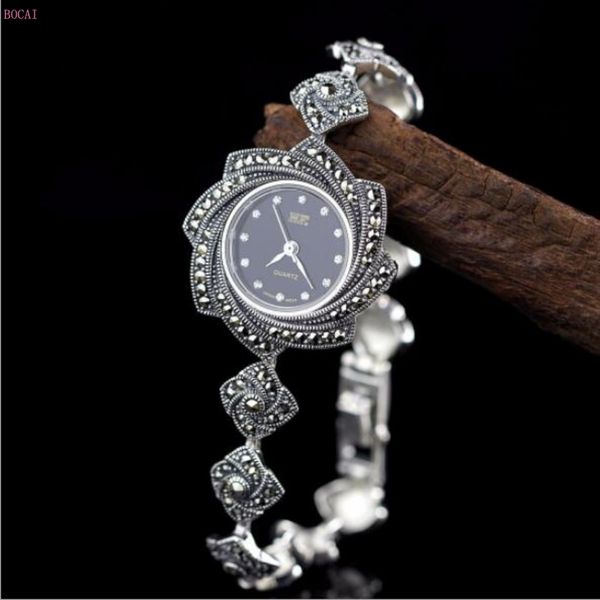

silver 925 s925 sterling silver jewelry simple beautiful retro flower lady watch bracelets 2019 new fashion bracelet for women, Black