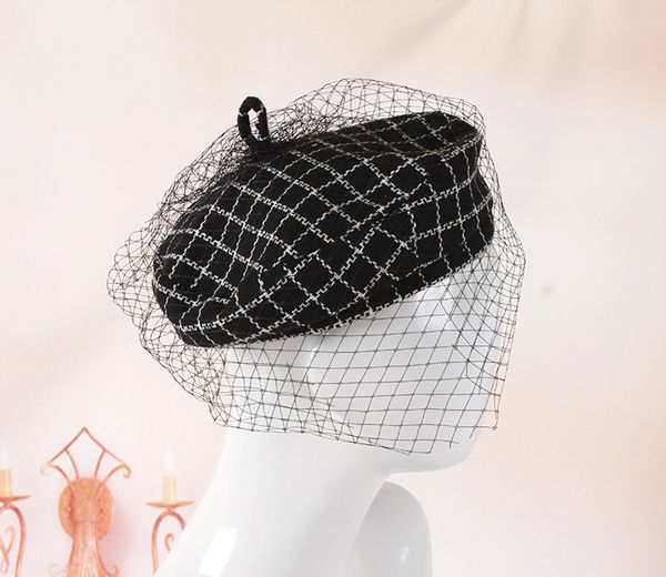 

winter beret hat women woolen french beret with veil mesh double layer beanies caps classic french style women's hats, Blue;gray