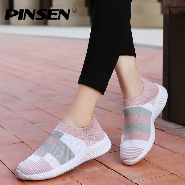 

pinsen 2019 new fashion sneakers women shoes breathable mesh slip-on flat shoes women plus size loafers zapatillas mujer, Black