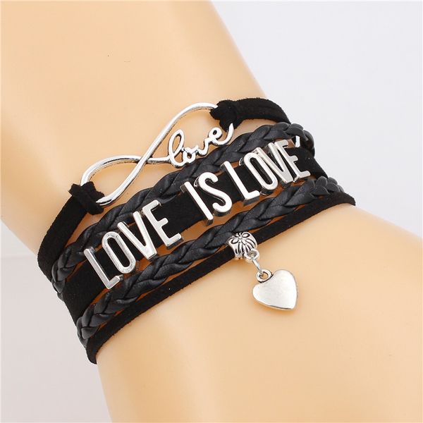 

love is love infinity love cute heart charm multi-layer bracelet handmade leather bracelets punk jewelry for men&women, Golden;silver