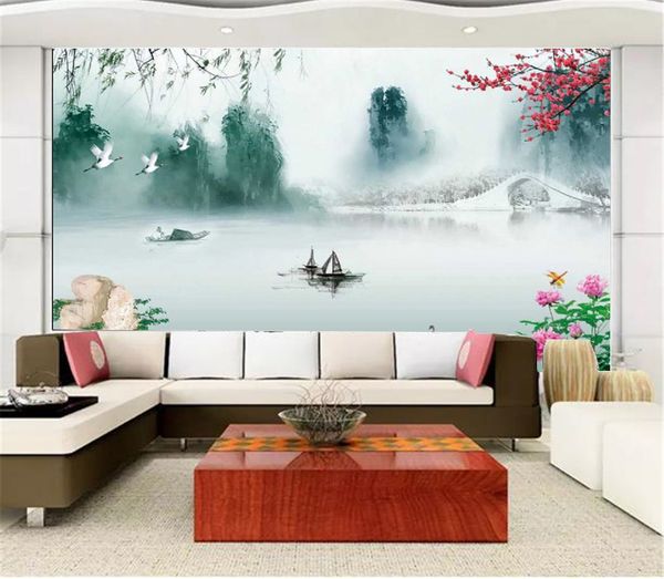 

обои цветочная лодка красивые jiangnan декорации 3d пейзаж обои практичные влагостойкие водонепроницаемые обои