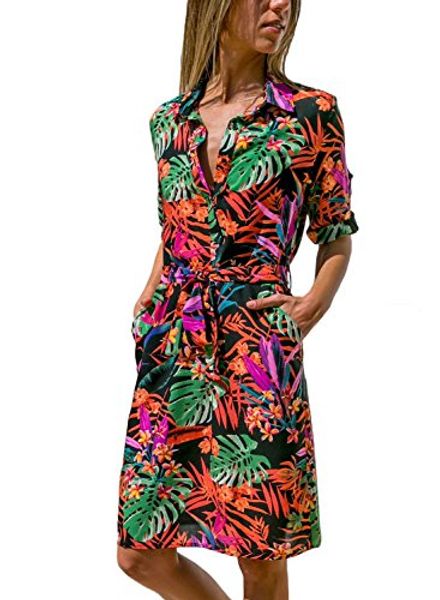 

pei women's summer roll up sleeve button down tie waist shirt dress, Black;gray