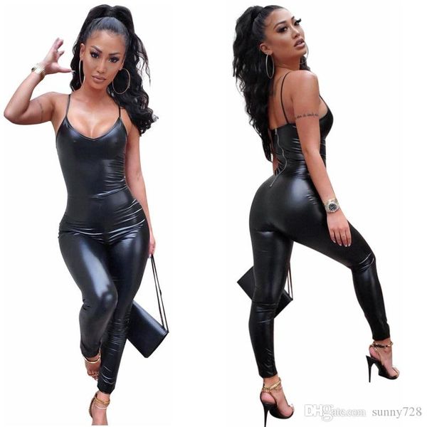 

new solid pu leather spaghetti rompers v neck zipper half backless skinn jumpsuits full length nightclub party pants 2020 sale, Gray