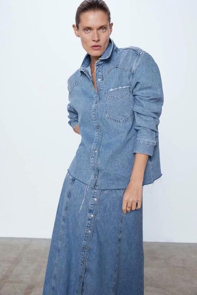 

2020 spring summer new pocket zaraing women denim shirt jacket sheining vadiming female denim shirts clothes bhj1194, White