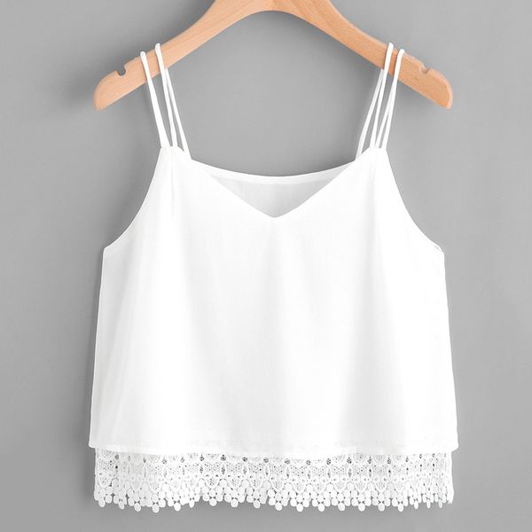 

fashion women double layer patchwork v neck tee ladies loose shirt casual sleeveless crop summer female blusa, White