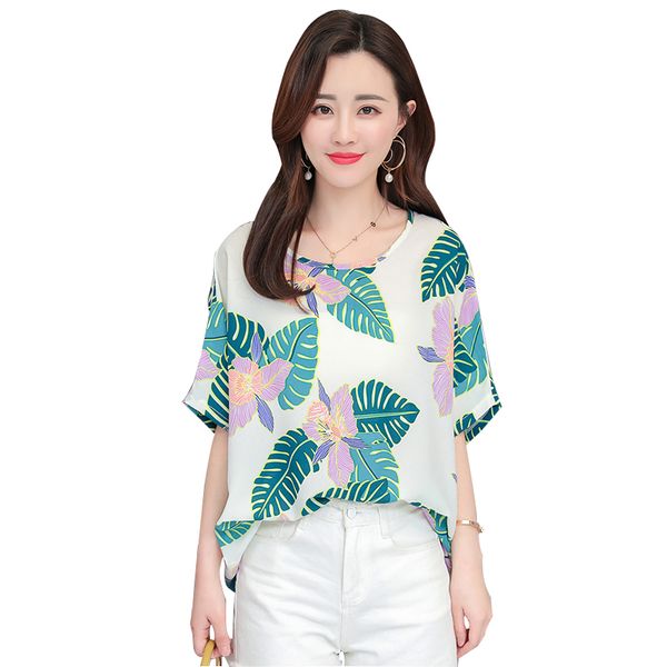 

women blouse shirts fashion korean women shorts blouse summer floral chiffon and blouses plus size female shirts print, White
