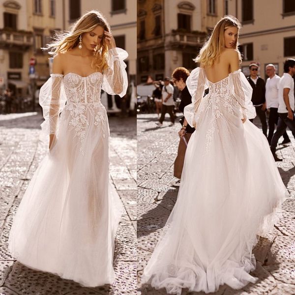 

2020 a line wedding dress off shoulder long sleeve beads applique tulle wedding dresses sweep train boho bridal gowns, White