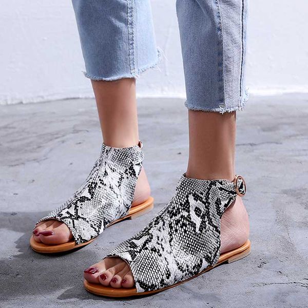

women bucket ankle strap sandals serpentine snake print sandals fish mouth peep toe flat shoes woman summer sandalias shallow, Black