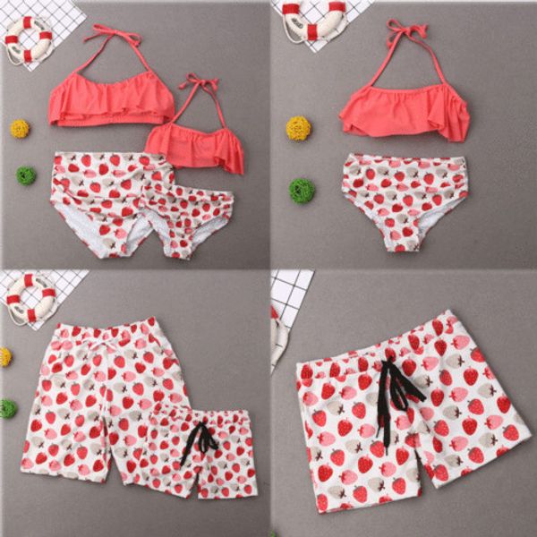 

2019 new family matching ruffle strawberry print swimsuit mother daughter kids baby women girl high waist bikini swimwear