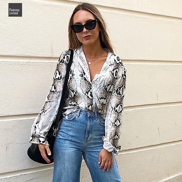 

2019 blouses fashion autumn women chiffon club snake print long sleeve notched button woman clothes, White