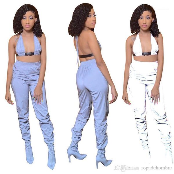 

piece outfits fashion ribbon halter buckle backless tracksuits summer street style women clothes reflective women two, Gray
