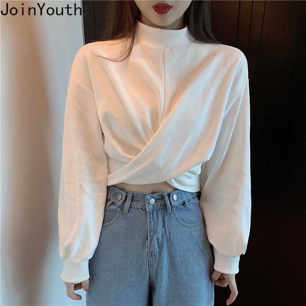

joinyouth women 2020 spring fashion mujers korean short solid cross female clothing thin full loose wlid o neck wild 396, Black