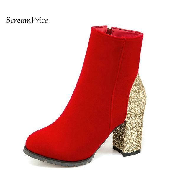 

woman sqaure high heel round toe ankle boots fashion side zipper dress boots short plush winter black red gold sliver