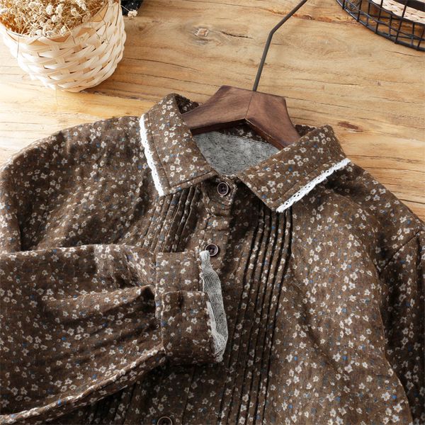 

retro floral turn-down collar dress pleated cotton autumn and winter dress ckqz559-608, White