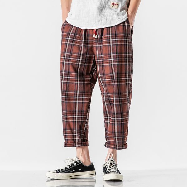 

2020 new loose plus size plaid pants men's fashion casual cotton linen ankle-length pants y2846, Black