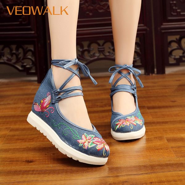 

veowalk women strappy canvas hidden platform shoes chinese style elegant ladies casual comfort sneakers retro denim shoes, Black