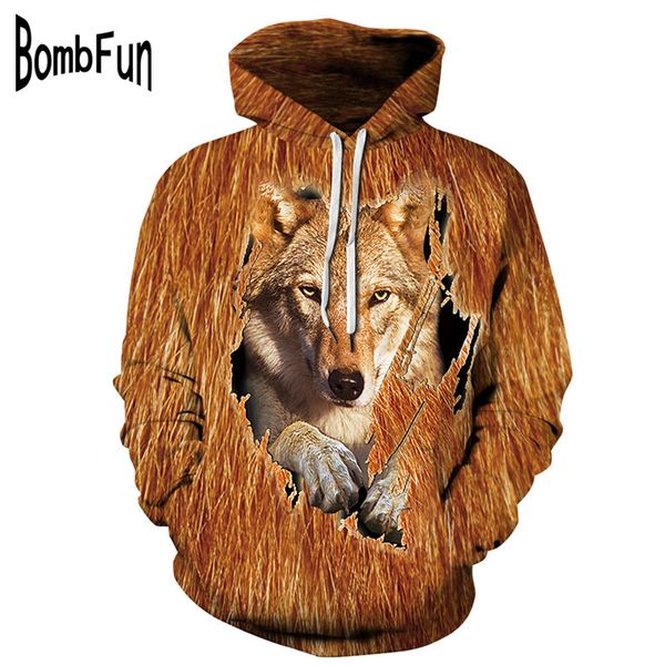 

нового bombfun мужчины толстовка wolf 3d фуфайки hoodie лев печать hooded пара костюмы женщина толстовка высокого качество пуловер tops, Black