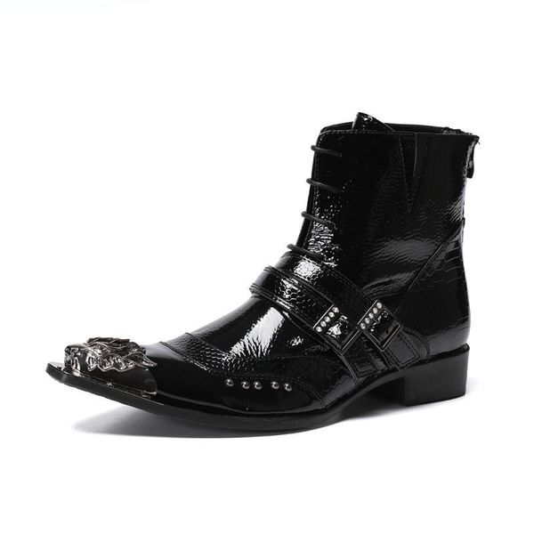 Handgemachte Herrenschuhe Spitze Metallspitze Schwarz Blau Leder Knöchel Mode Mann Dinner Party Schuh Mann Schnürnieten Party Hochzeit Stiefel