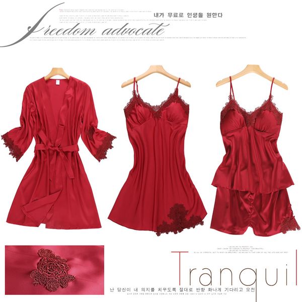 

seven-piece ice silk suit for pyjamas female in spring and autumn period, Black;red