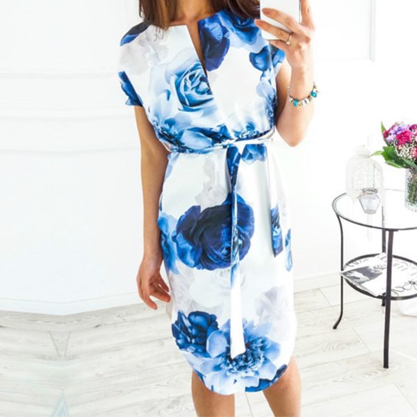 

Sexy Women Summer Casual Dresses V -Neck Short Sleeve Print Sundress Straight with Sashes Dress Plus Size New Hot