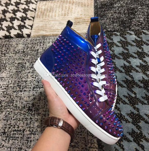 

elegant couple's shoes red bottom sneakers gradient patent leather spikes red soles high sneakers shoes women men luxury designer train, Black