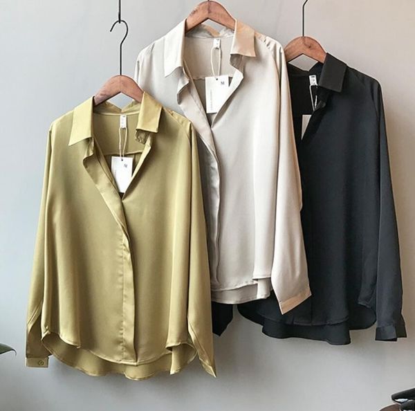 

2019 spring women korean fashion long sleeves satin blouse vintage femme v neck street shirts elegant imitation silk blouse, White