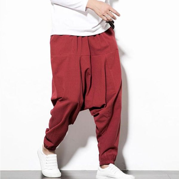 

2019 sinicism cotton linen hip hop harem pants men baggy pants mens crotch wide leg sweatpants casual loose boho trousers s-5xl, Black