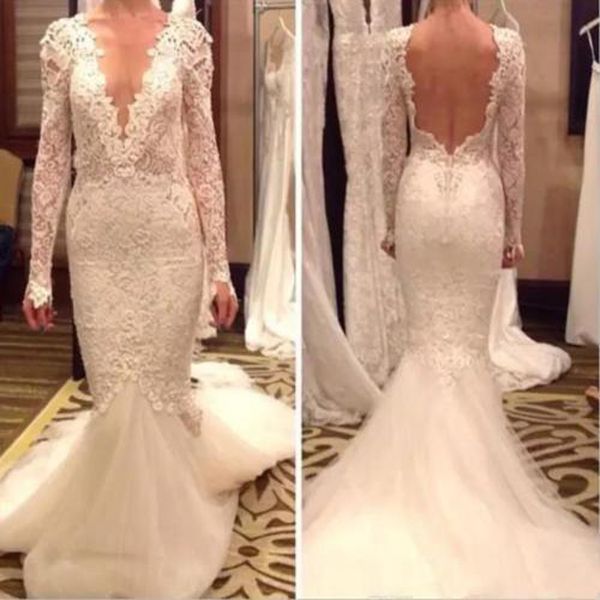 

vestido de noiva deep v neck long sleeve wedding dresses mermaid backless 2020 dubai lace wedding gown robe de mariee bridal gowns, White