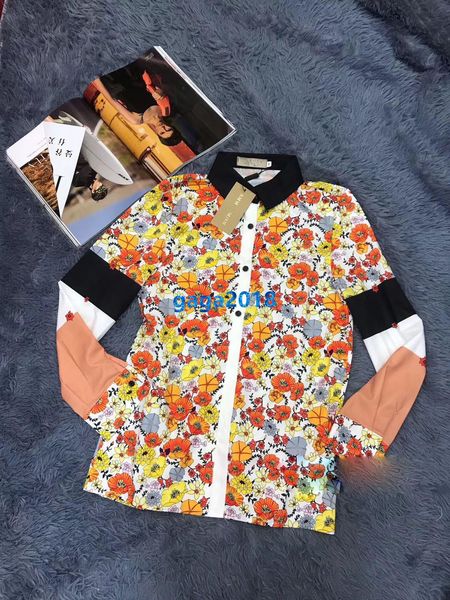 

high end женщины девушки рубашка многоцветный пэчворк цветочный принт полосатый лацкан шеи с длинным рукавом тройник старинные блузки модный, White