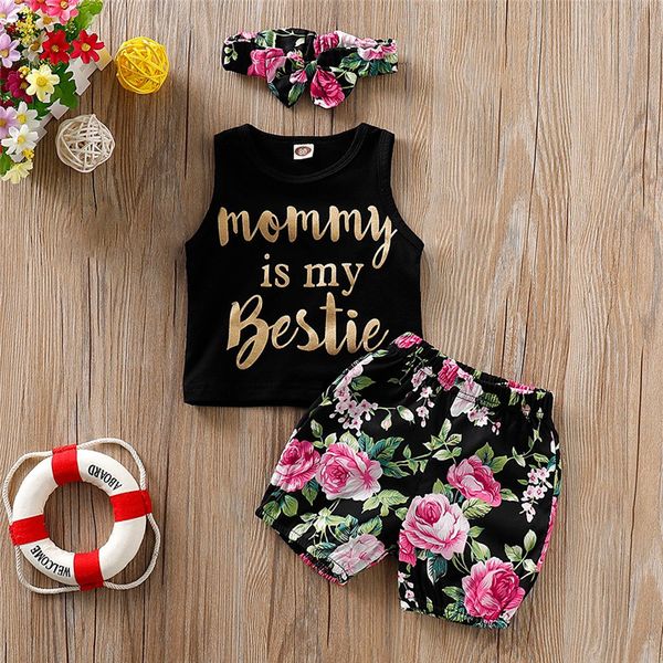 

2020 summer newborn baby girl clothes sleeveless letter vest floral print shorts+headbands 3pcs outfits summer clothes, White