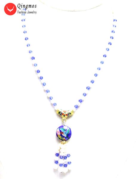 

qingmos natural 5-6mm round white pearl necklace for women with blue crystal & 18mm cloisonne pendant necklace jewelry nec6328, Golden;silver