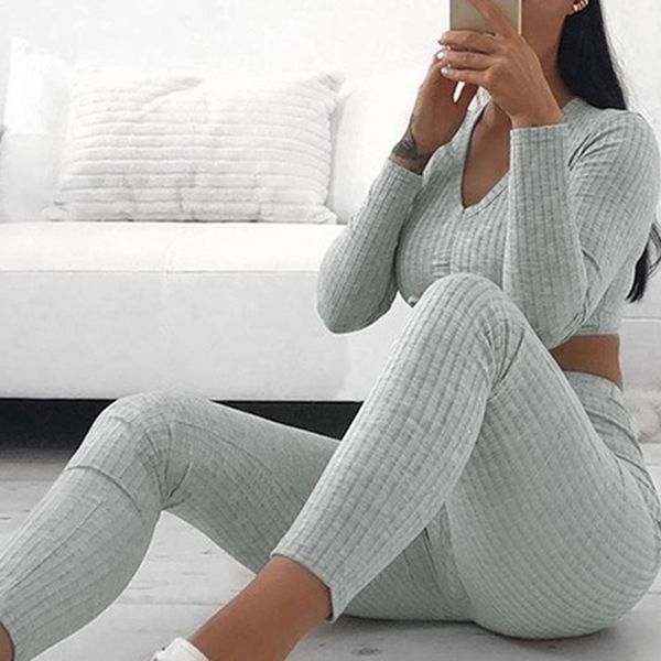 

женщины трикотажного lounge износа наборы 2pcs crop top костюм дама костюм set осень повседневная streetwear clubwear, White