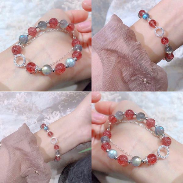 

925 бисером ювелирные изделия натуральный цветок персика клубника лунный свет камень двойной круг серебряные аксессуары женщина краткий крис, Black