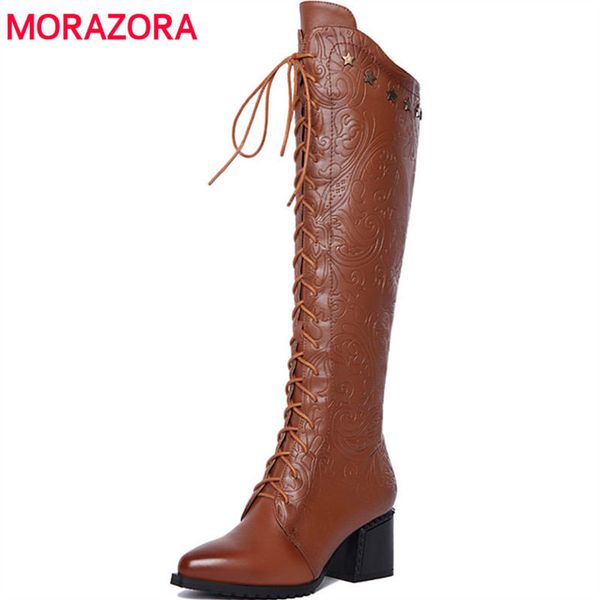 

morazora 2018 new autumn winter zipper pu+genuine leather boots fashion pointed toe high heel women boots short plush, Black