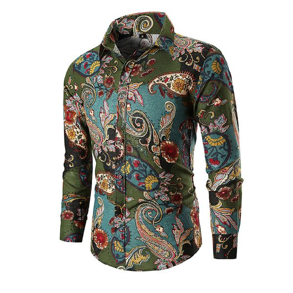 

new 2019 men's shirt spring autumn casual men long sleeve shirt cotton plus size slim fit green printed men's flower -3xl, White;black