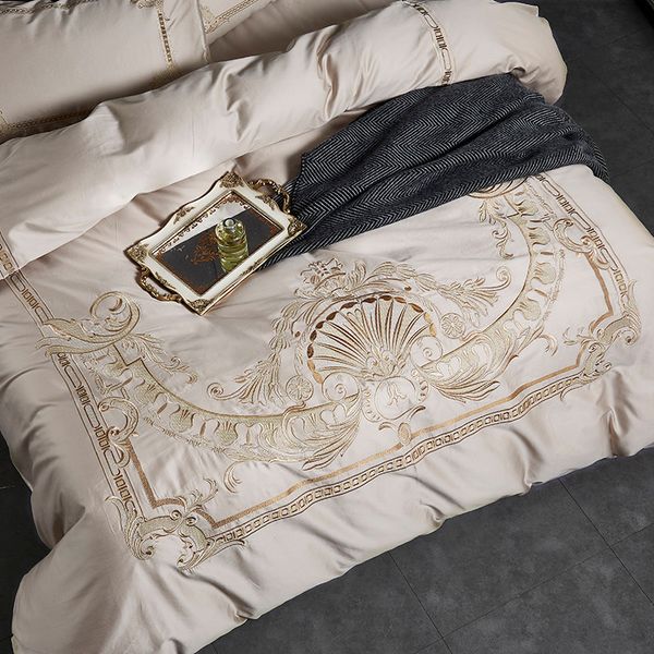 

luxury champagne egyptian cotton gold royal embroidery european palace bedding set duvet cover bed sheet/linen pillowcases 4pcs