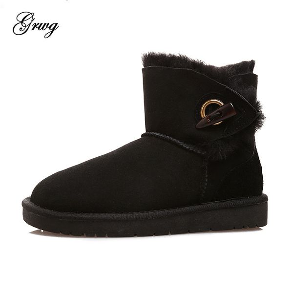 

grwg new style 2019 genuine sheepskin leather woman snow boots 100% natural fur snow boots warm wool women's winter, Black