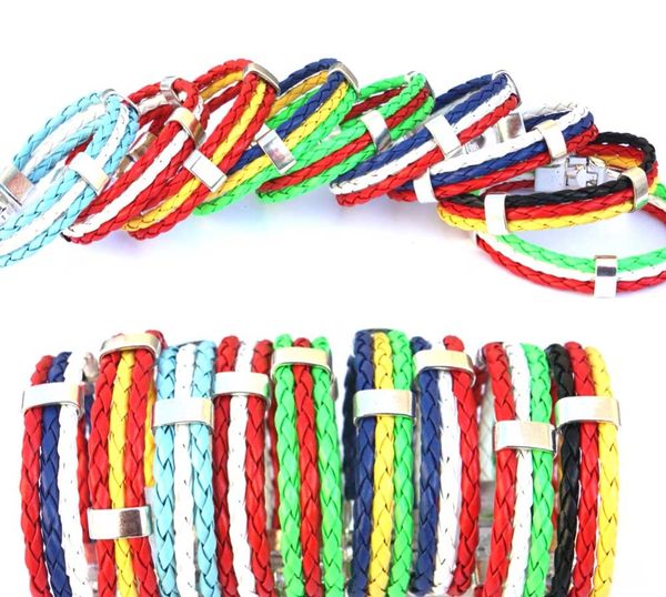 

world cup national flags sports 3 strands rope braided surfer leather bracelets women men cuff bangle wristband jewelry, Golden;silver