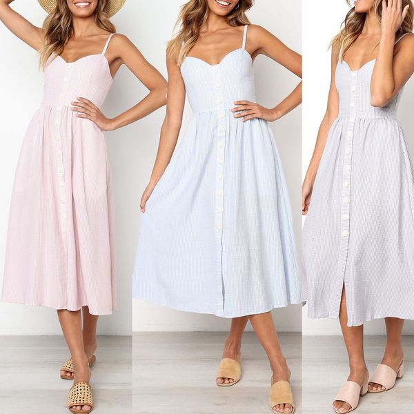 

casual summer dress women's plaid print bohemian spaghetti strap button down swing midi dress 2019 dresses for women korean, Black;gray