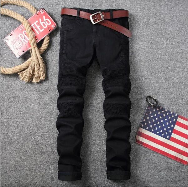 

jeans men's new skinny black pleated pencil pants motorcycle jeans men's large size cotton denim pants, Blue