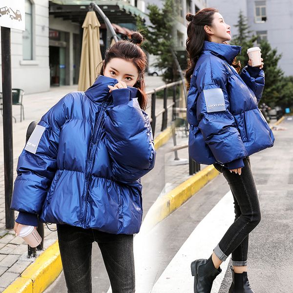 

2019 winter new short bread jacket ladies thick warm down jacket korean stand collar thick loose bright coat tide, Black