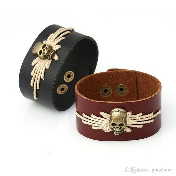 

new fashion alloy skeleton rope kniting brown leather bracelet punk wide wristband with snap fastener jewelry accessories gifts wholesale, Golden;silver